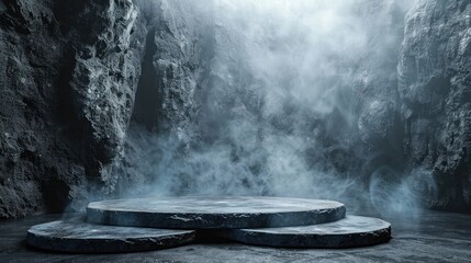 Gray stone podium in a misty cave