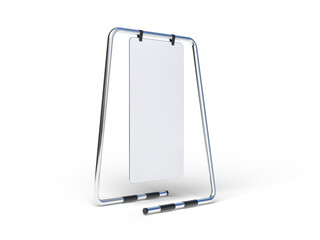 3D Realistic floor standing display mockup with metal base and leather. Blank portable vertical info white placard sign holder stand for presentation poster, banner, ads, products or exhibition info