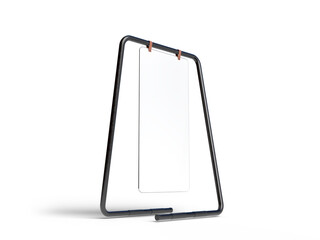 3D Realistic floor standing display mockup with metal base and leather. Blank portable vertical info white placard sign holder stand for presentation poster, banner, ads, products or exhibition info