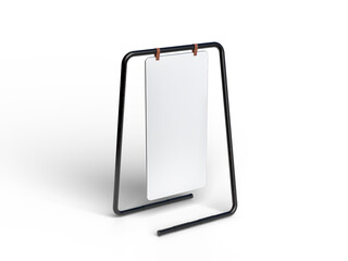 3D Realistic floor standing display mockup with metal base and leather. Blank portable vertical info white placard sign holder stand for presentation poster, banner, ads, products or exhibition info