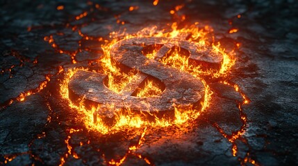 A fiery dollar sign burning brightly on cracked ground symbolizes economic instability, inflation, and financial crisis.