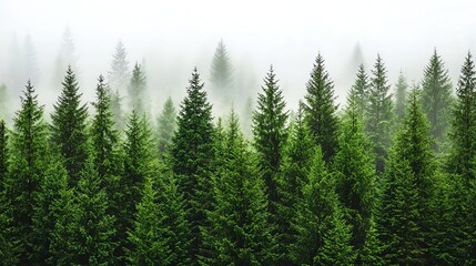 Dense Evergreen Forest with Fog Rolling Through the Trees Landscape