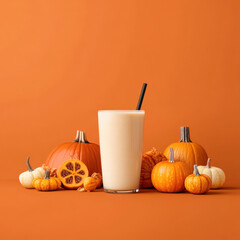 Creamy glass of milk accompanied by fresh pumpkins creating a delicious autumnal scene perfect for smoothies