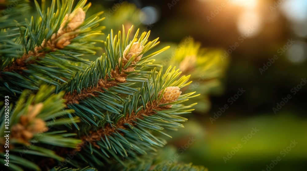 Poster pine tree branch with a pinecone on it. the pinecone is brown and the branch is green