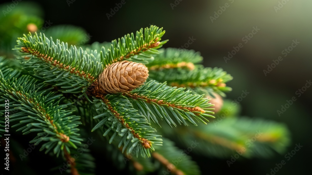 Poster pine tree branch with a pinecone on it. the pinecone is brown and the branch is green