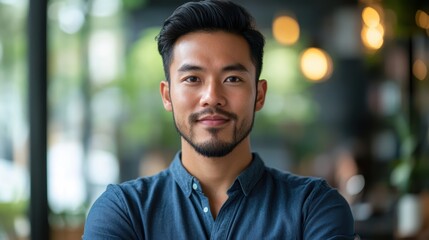 Fototapeta premium A handsome, confident Asian architect designer, with a neatly trimmed beard and piercing eyes, exuded an aura of professionalism and creativity, ready to tackle the challenges of shaping urban