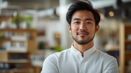 Fototapeta premium A handsome, confident Asian architect designer, with a neatly trimmed beard and piercing eyes, exuded an aura of professionalism and creativity, ready to tackle the challenges of shaping urban