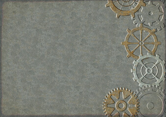Horizontal or vertical banner with frame with vintage metal gear on retro metal texture. Mock up template. Copy space for text. Can be used for steampunk, industrial, mechanical design