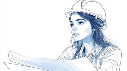 A sleek, minimalist line drawing of a determined female architect, her hardhat perched atop her head, her brow furrowed in concentration as she meticulously studies blueprints, a symbol of her