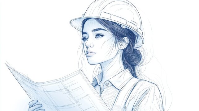 A sleek, minimalist line drawing of a determined female architect, her hardhat perched atop her head, her brow furrowed in concentration as she meticulously studies blueprints, a symbol of her