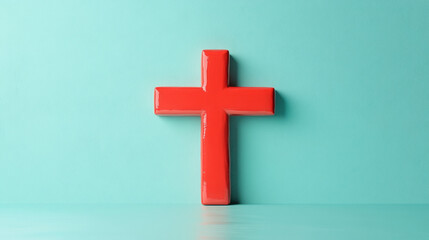 Obraz premium Vibrant red cross against a bright turquoise background creating a striking contrast and minimalist artistic appeal