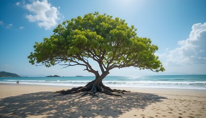 Solitary Serenity: A Majestic Tree Standing Gracefully on the Tranquil Shoreline of a Peaceful Beach