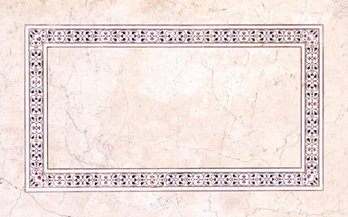 Frame with ancient tile decor on marble wall. Vertical or horizontal border with floral ornament....