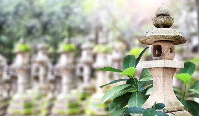 Old stone lantern at Kasuga Grand Shrine, Nara Japan. Picturesque landscape with ancient japanese...