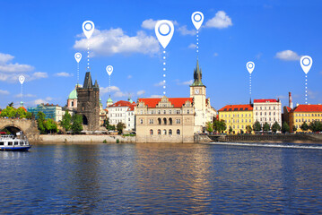 Planning a tourist trip. Charles Bridge, Prague, Czech Republic and location pins. Global...