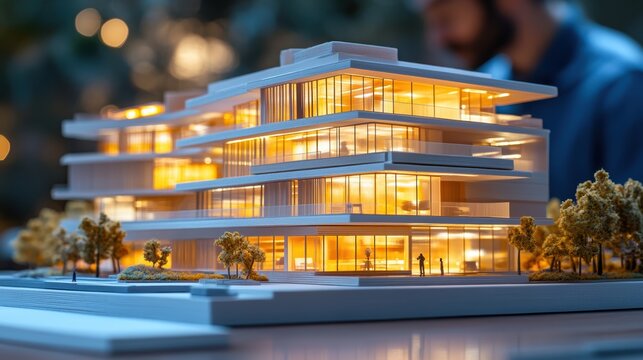 Architect meticulously crafts architectural blueprints and models in their studio, a testament to their creative vision and dedication to bringing buildings to life, long banner.