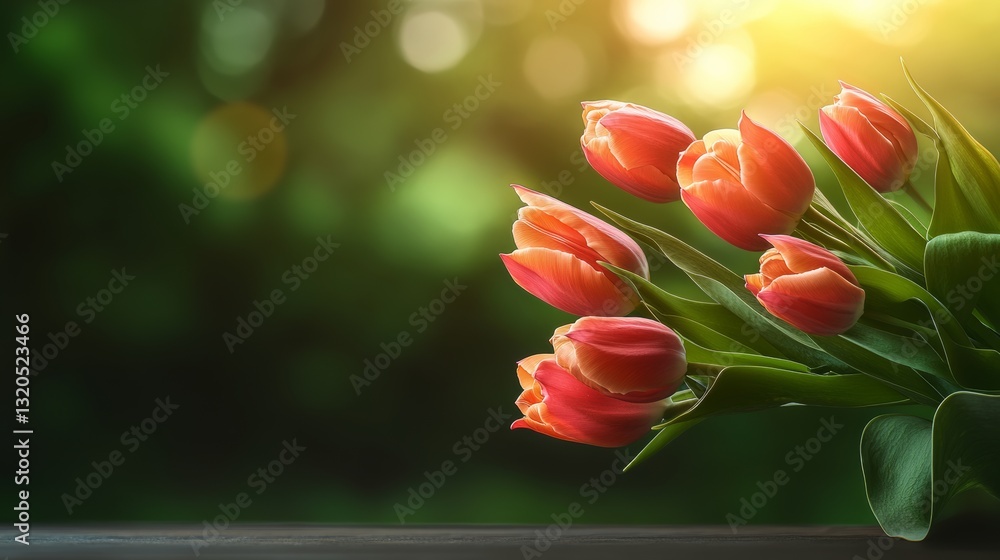 Poster bouquet of red tulips is displayed on a wooden table. the flowers are arranged in a way that they ar