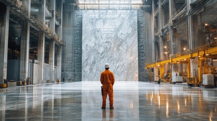 In a vast marble warehouse, where the air hummed with the rhythmic clatter of machinery and the faint scent of polished stone filled the space, a lone worker meticulously polished a colossal slab of