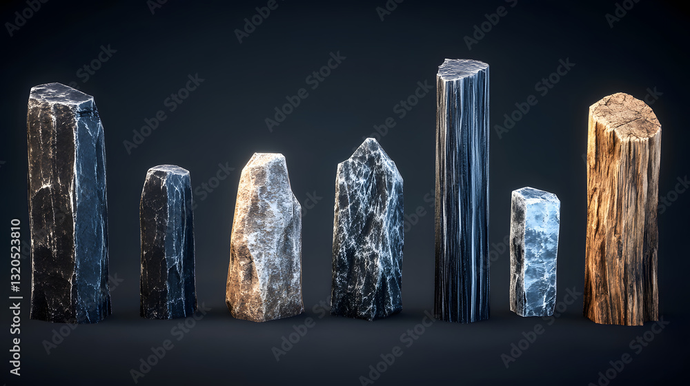 Aufkleber a collection of various mineral or rock formations displayed vertically against a dark background