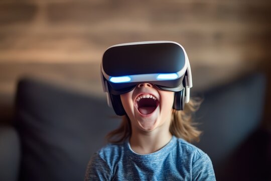 The joyful child wears a VR headset, experiencing virtual reality that sparks wonder and excitement - Powered by Adobe