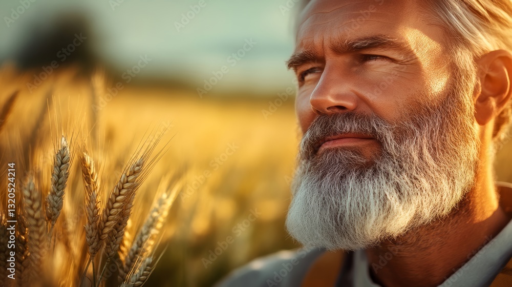 Poster man with a beard and a mustache is standing in a field of wheat. he looks at the camera with a serio