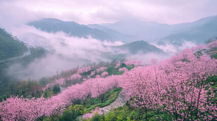 Misty Mountain Cherry Blossom Hill - Pastel colors