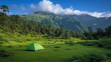 Serene mountain campsite nestled in lush green valley