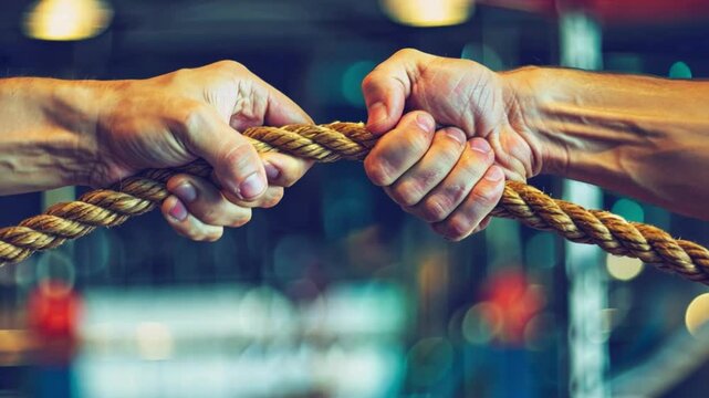Tug of War Hands Gripping Rope with Strength and Determination in Competitive Setting, Showcasing Teamwork, Focus, and Tension in Blurred Background