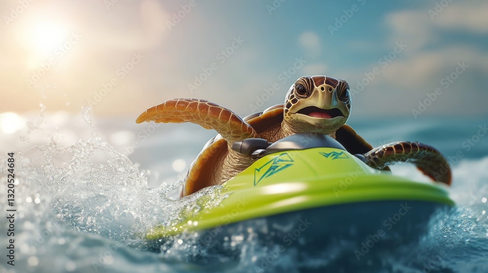 Poster turtle is riding a yellow boat in the ocean. the turtle is small and he is having fun
