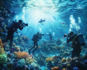 Underwater Photographers Capturing Shark and Coral Reef Scene