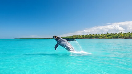Fototapeta premium A dolphin leaps gracefully from turquoise waters under a bright blue sky, showcasing the beauty of marine life in a tropical paradise