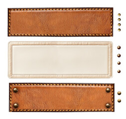 Set of leather label of brown and ivory color. Collection of leather tags with decorative borders...