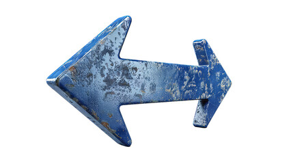 Fototapeta premium Distressed Blue Metal Arrow, Weathered Navigation Symbol on Transparent Background