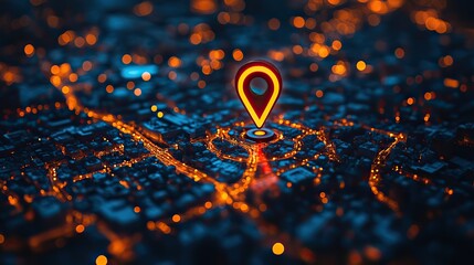 A glowing red location pin hovers over a smartphone displaying a map, highlighting innovative navigation tech against blurred city lights, symbolizing urban connectivity.