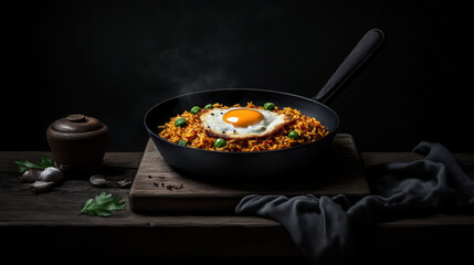 Delicious spicy kimchi fried rice with vibrant colors and minimalist aesthetic in digital art style
