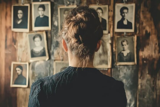 The family tree concept comes to life as a woman hangs photographs, tracing her ancestors