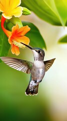 Fototapeta premium Nature macro photography ,Slow-motion hummingbird hovering near a tropical flower ,Vibrant slow-motion hummingbird in flight feeding from a slow-motion hummingbird nectar source 