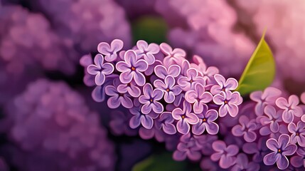 Close up of purple flowers with green leaves. The flowers are in full bloom and the leaves are vibrant. Concept of beauty and tranquility, as the flowers are a symbol of love and happiness