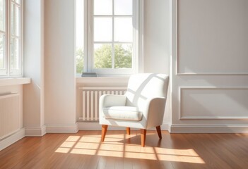 A pristine white armchair sits in a sunlit room, elegant,  minimal design