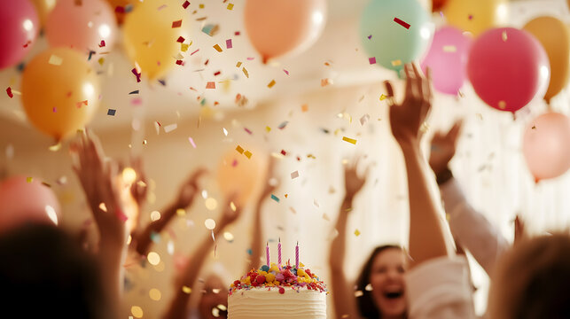 A dynamic birthday party moment captured in motion, with confetti floating through the air. The room is filled with vibrant balloons and swirling streamers. The joyful energy is evident as people