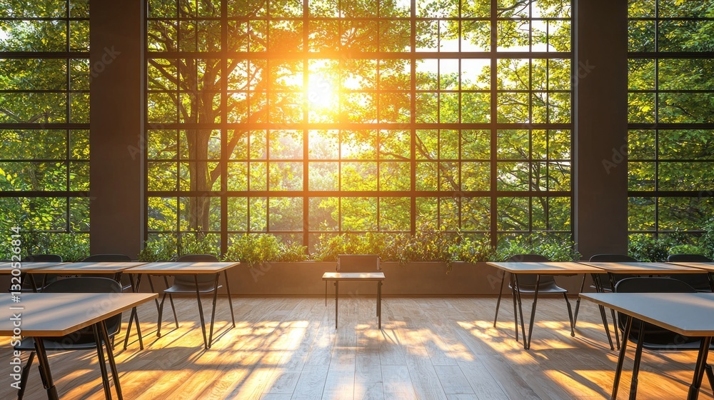 Poster sunlit classroom scene showing natural light and tables with chairs