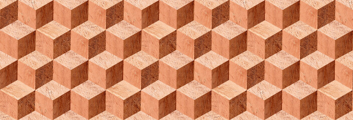 Horizontal or vertical background with cube 3d effect. Wood pattern with volumetric boxes. Full texture of old wooden wall. Horizontal pattern for banner or skinali. Backdrop with wood wall pattern