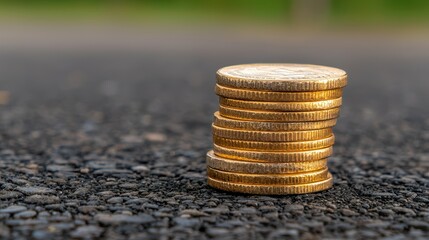Stacked coins on a road symbolizing financial journey, investment growth, and economic progress.