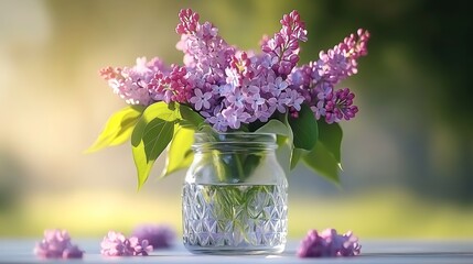 Fototapeta premium Vase of purple flowers sits on a table. The flowers are in a clear glass vase and are surrounded by a few petals. The vase is placed on a table with a white background