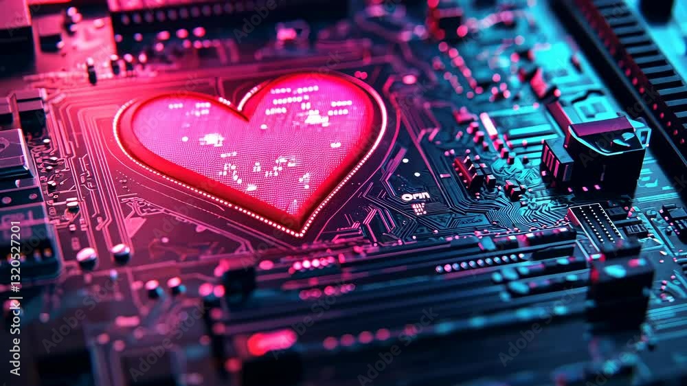 Poster a vibrant heart symbol embedded in a colorful circuit board, representing the intersection of love a