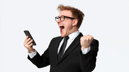 Businessman in a suit and glasses using cellphone, showcasing professional communication in the digital age.