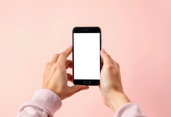 Close-up hands holding smartphone with blank screen against pastel backdrop, illustration, technology