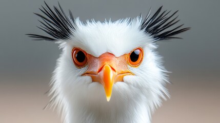 Bird with a very long, thick, and fluffy white beak. The bird has a very angry expression on its face