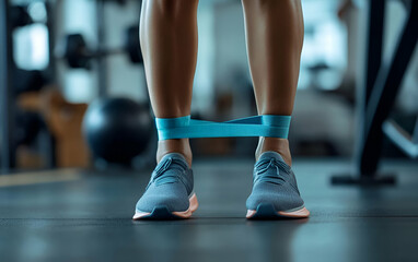 A close-up of athletic legs with resistance bands, showcasing fitness and strength training in a modern gym.