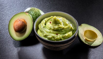 creamy avocado dip with fresh halves on dark surface ai image